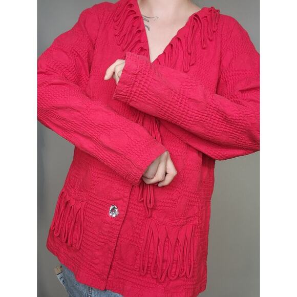 Vtg 80s 90s Nanette Keller Red Fringe Gem Button Up Funky Long Sleeve Top Sz Lg - Picture 6 of 9